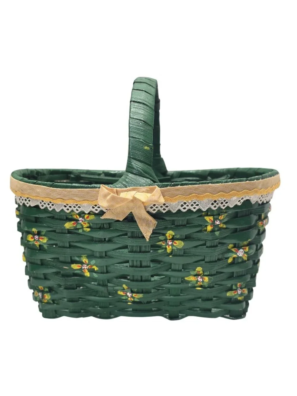 Handwoven Green Woven Basket Floral Painted Lace Trim Handle Easter Gift Basket
